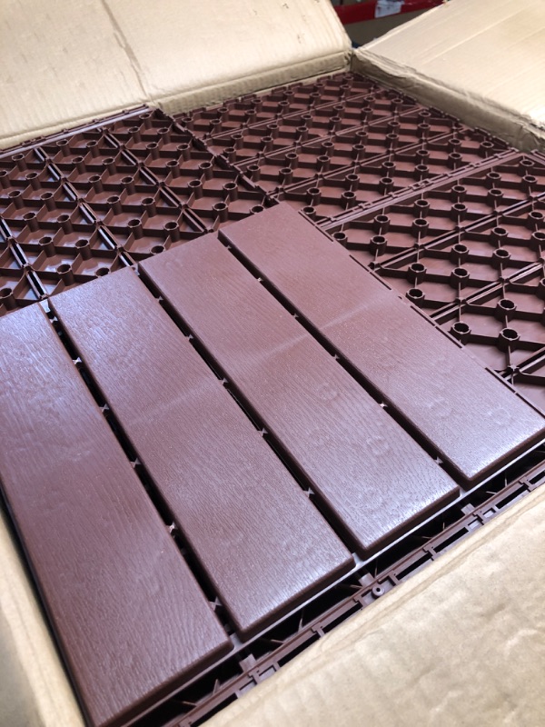 Photo 2 of  Outdoor Living Patio Deck Tiles, 12 x 12 inches Composite Interlocking Decking Tile, Four Slat Plastic Outdoor Flooring, 90 Pieces One Pack, Brown Red 