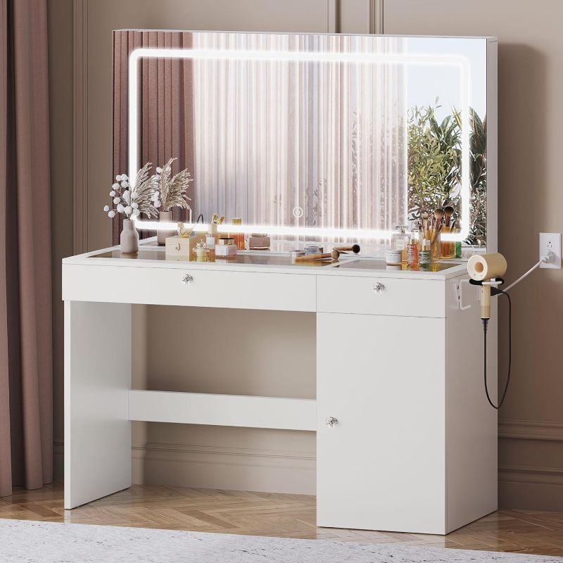 Photo 1 of **BROKEN PIECE, SHOWN IN PHOTOS** DWVO 47" W Vanity Desk with LED Light and Power Outlets, Large Makeup Vanity with Dividers and Hair Dryer Rack, 3 Level Storage Dresser Makeup Vanities Dressing Table for Bedroom, White
