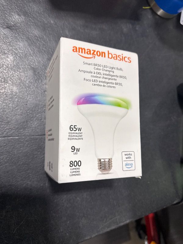 Photo 2 of Amazon Basics Smart BR30 LED Light Bulb, Color Changing, 60W Equivalent, 800LM, Works with Alexa Only, 2.4 GHz Wi-Fi, No Hub Required, 1-Pack