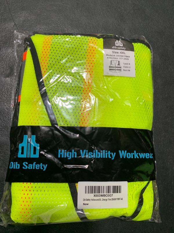 Photo 2 of Dib Safety Reflective Mesh Vest High Visibility Two Tone with Pockets and Zipper, Yellow and Black Mesh with Orange Trim 4XL