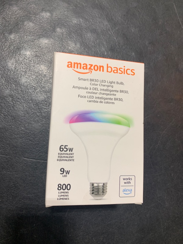 Photo 2 of Amazon Basics Smart BR30 LED Light Bulb, Color Changing, 60W Equivalent, 800LM, Works with Alexa Only, 2.4 GHz Wi-Fi, No Hub Required, 1-Pack