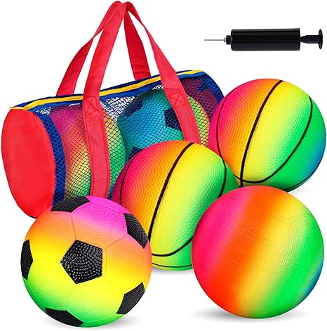 Photo 1 of AMOR PRESENT Sport Balls for Kids, Inflatable Balls with Bag Includes Rainbow Kickballs Volleyballs Dodgeballs, Fun Indoor Outdoor Toys, Sport Soft Bouncy Playground Balls, for Kids Sport Party Favors