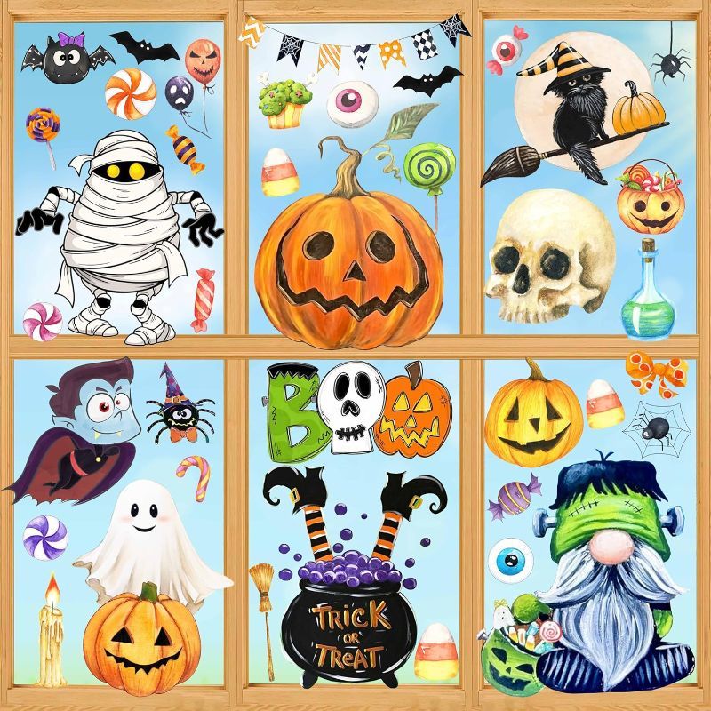 Photo 1 of 6 Sheets Halloween Window Clings Halloween Window Decorations Halloween Window Stickers Cute Oil Painting Window Decals for Halloween Home Indoor Wall Window Decor
