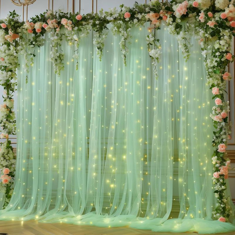 Photo 1 of 10x10ft Olive Green Tulle Backdrop Curtain with Lights String for Parites, Sheer Backdrop Curtains for Wedding Baby Shower Birthday Party Photo Shoot Decorations
