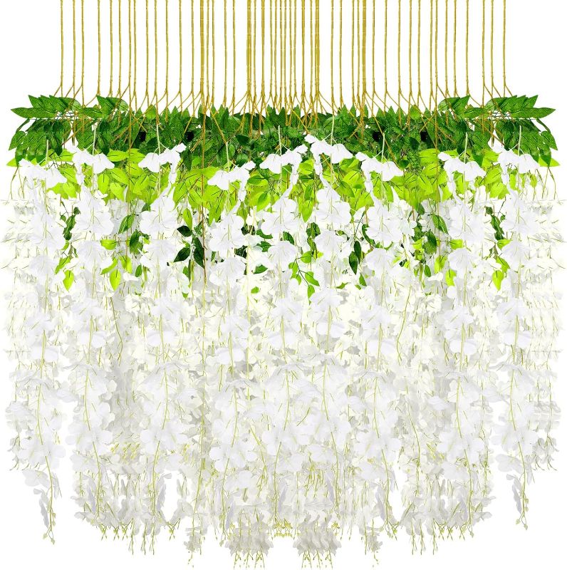 Photo 1 of 108 Pack 43.2 in/ 3.6 ft Artificial Fake Wisteria Hanging Flowers Wisteria Faux Flowers Garland Silk Wisteria Vine Rattan Long Hanging Flowers String for Home Outdoor Wedding Party (White)