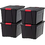 Photo 1 of IRIS USA Stackable Plastic Storage Bins with Lids, 4 Pack - BPA-Free, Made in USA - Garage Organizing Solution, Latches, Durable Nestable Containers, Secure Pull Handle - Black
