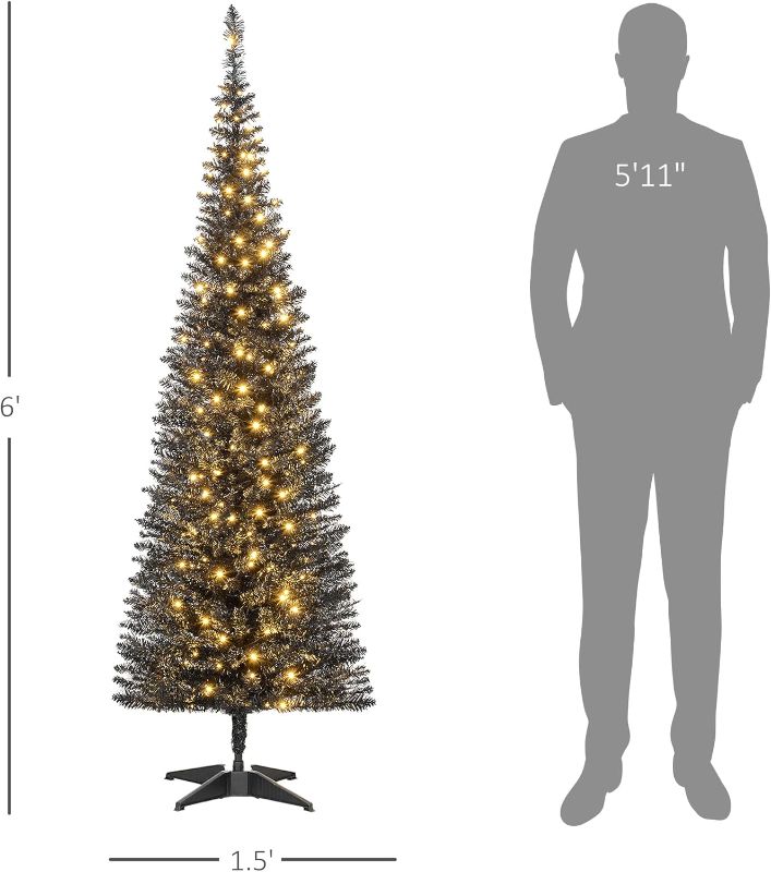 Photo 1 of HOMCOM 6' Tall Pre-Lit Slim Noble Fir Artificial Christmas Tree with 200 Warm White LED Lights and 390 Tips, for Christmas Decoration, Green