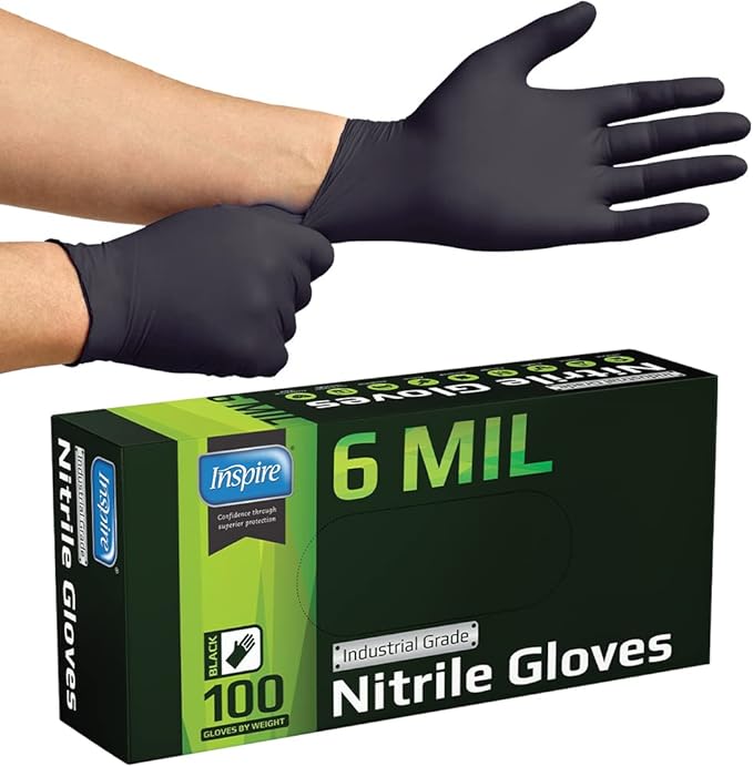 Photo 1 of Inspire Black Nitrile Gloves HEAVY DUTY 6 Mil Nitrile Chemical Resistant Medical Cooking Cleaning Disposable Black Gloves
