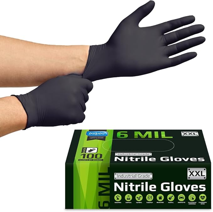 Photo 1 of Inspire Black Nitrile Gloves HEAVY DUTY 6 Mil Nitrile Chemical Resistant Medical Cooking Cleaning Disposable Black Gloves
