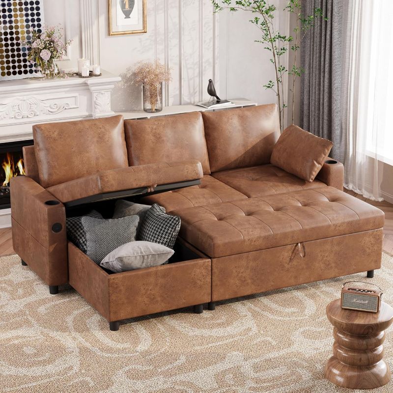 Photo 1 of Esright Sleeper Sofa Couch with Pullout Bed, Faux Leather Sofa Bed Pull Out Couch Bed Sofa Pull Out Couch with Storage, Sectional Sleeper Sofa Couch with Pull Out Bed for Living Room Clearance, Brown https://a.co/d/0fX1Ws0