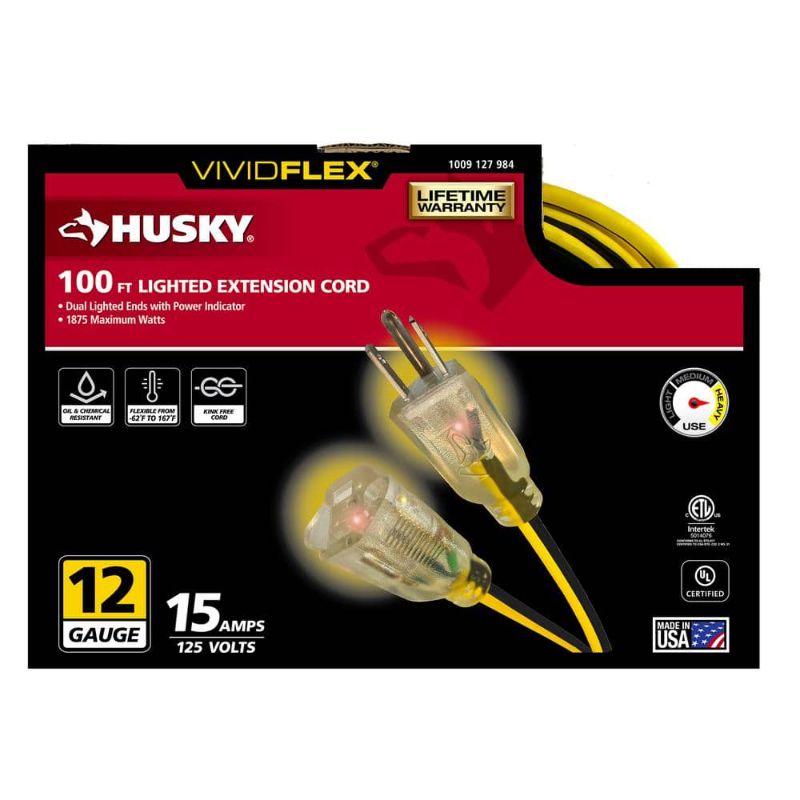 Photo 1 of VividFlex 100 Ft. 12/3 Heavy Duty Indoor/Outdoor Extension Cord with Lighted End, Yellow
