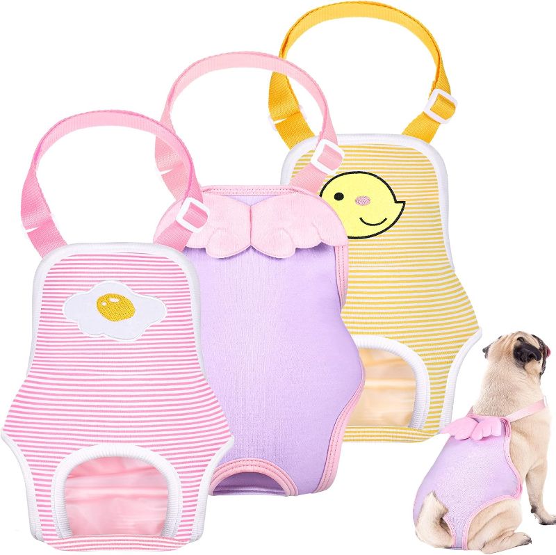 Photo 1 of 3 Pieces Dog Diaper Striped Sanitary Pantie with Adjustable Suspender Washable Reusable Puppy Sanitary Panties Cute Pet Underwear Diaper Jumpsuits for Female Dogs (Delicate Pattern, M)
