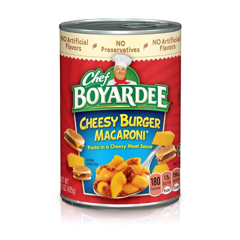 Photo 1 of Chef Boyardee Cheesy Burger Macaroni, Canned Food, 15 OZ Can (12 Cans) EXP-JUL/17/2026
