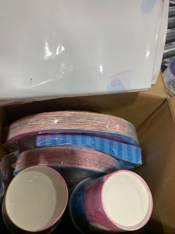 Photo 2 of Serves 30 | Complete Party Pack | Gender Reveal Boy or Girl Party Supplies | 9" Dinner Paper Plates | 7" Dessert Paper Plates | 12 oz Cups | 3 Ply Napkins | 2 Table Cover | 1 Cake Topper | Boy Or