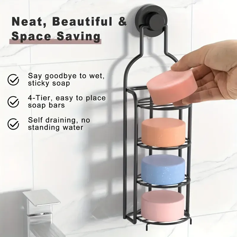 Photo 1 of Soap Holder for Shower Wall 4 Tier Round Soap Rack with Hook Dish Stainless Steel Bar Shower Bathroom Self Draining Rustproof Rack Powerful No Drilling for Bathroom, Kitchen(Black)