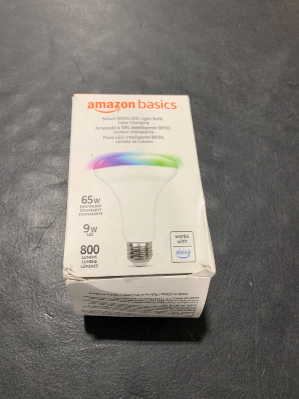 Photo 2 of Amazon Basics Smart BR30 LED Light Bulb, Color Changing, 60W Equivalent, 800LM, Works with Alexa Only, 2.4 GHz Wi-Fi, No Hub Required, 1-Pack