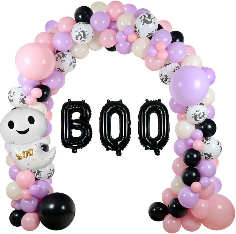 Photo 1 of Halloween Balloon Garland Kit, 111 Pcs 18" 10" 5" Black Pink Purple Latex Balloons with 18" BOO Foil Balloon Halloween Decorations for Girls Halloween Day Decoration Halloween Party Supplies
