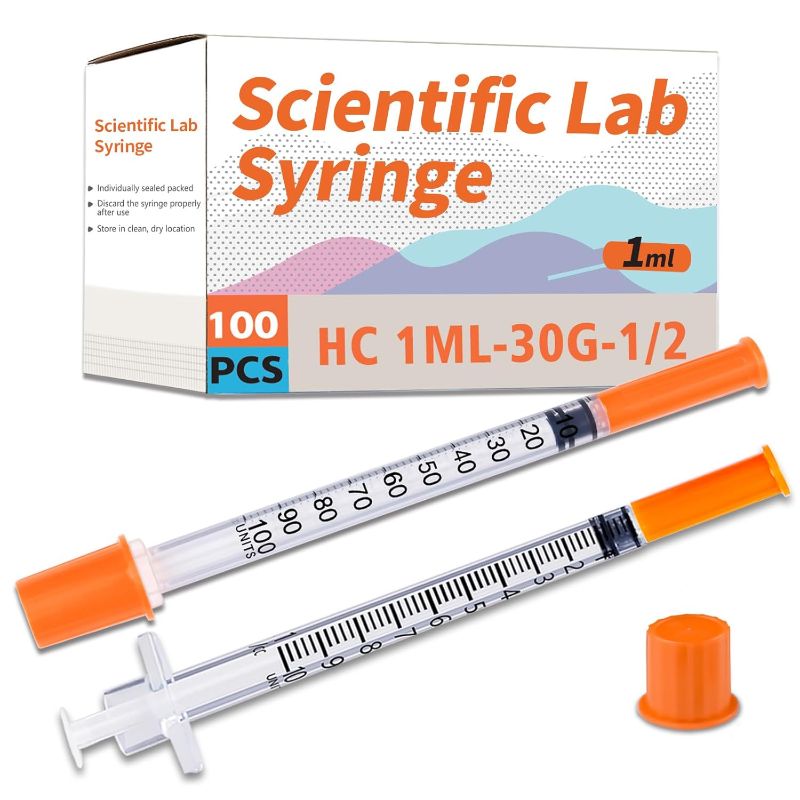 Photo 1 of 1ml Syringe, Lab Supplies Syringes 30G 1/2 Inch, Individually Wrapped, Pack of 100
