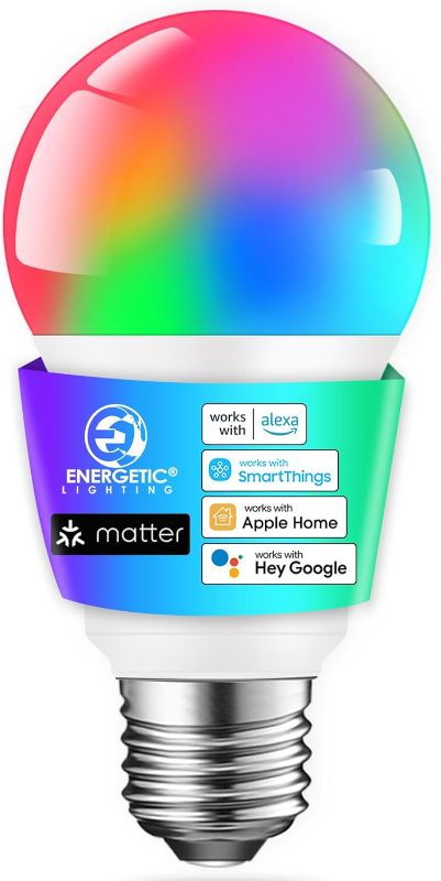 Photo 1 of Energetic Light Bulbs Work with Alexa/Apple Home/Google Home/SmartThings, Matter Smart A19 LED Light Bulb, E26 RGB Smart Bulbs, 60W Equivalent, 800LM, 2.4 Ghz WiFi Only, Smart Speaker Required, 1 Pack
