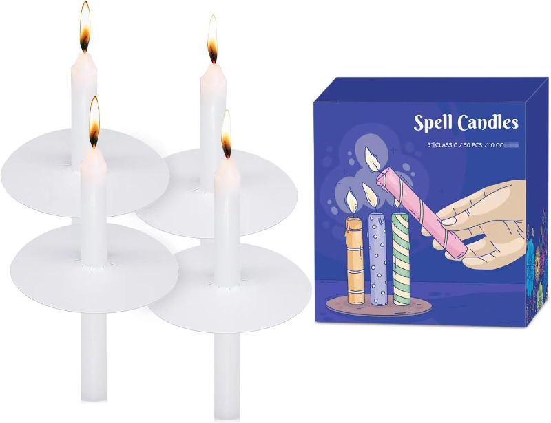 Photo 1 of STOCK PHOTO FOR REFERENCE - 50 Pack 5 Inch White Taper Candles, Church Candle Bulk with Drip Protectors, Unscented Candlesticks for Christmas Eve and Easter Candlelight Service, Vigil, Memorial and Devotional
