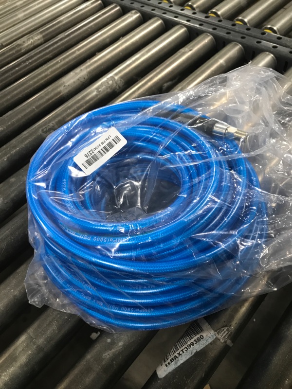 Photo 2 of 100 FT Sewer Jetter Kit for Pressure Washer, 5800PSI Water Jet Drain Cleaner Hose, 1/4 Inch NPT Corner with 4 Sewer Jetting Nozzles, Pearl Corsage Pin, Waterproof Tape, Handle Strap&2 Spanner (Blue)