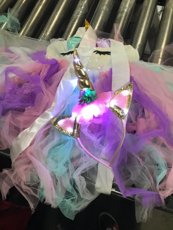 Photo 2 of ZeroStage Light Up Unicorn Birthday Decorations for Girls Halloween Costume Princess Dresses Outfits Gifts Sequin Party Tutu with Headband Kids Christmas Pink Age 5-6 Years Old