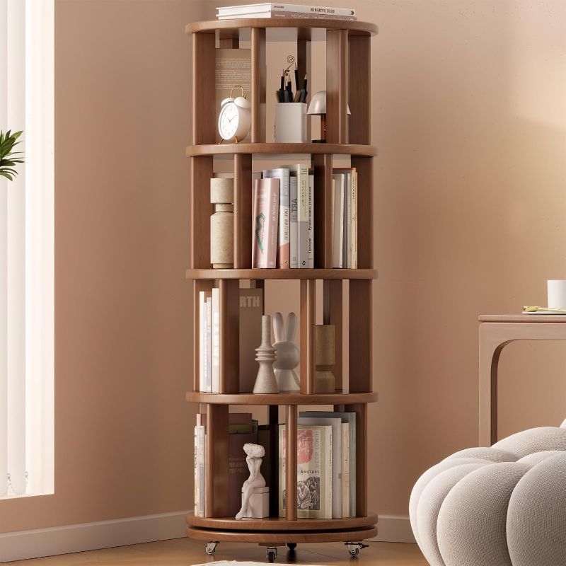 Photo 1 of Solid Wood Rotating Bookshelf with Brake Wheels, 360°Display 4 Tier Floor Stackable Spinning Bookshelf Tower for Kids&Adults, Revolving Bookcase for Small Space,Corner(Walnut)
