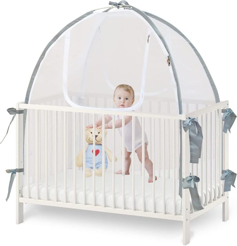 Photo 1 of Baby Crib Tent Safety Net, Durable Strong Self-Locking Zippers, Protects from Climbing Out and, Insects, Mosquitoes, Installs with Rods (Crib 52.25" - 28.25")

