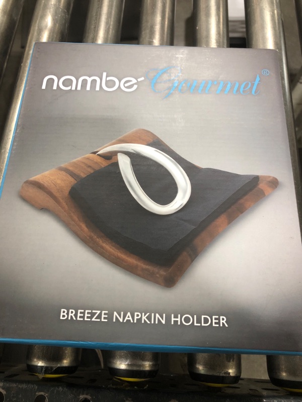 Photo 3 of nambe Breeze Napkin Holder | Tabletop Napkin Tray for Parties, Weddings, and Events | Made of Acacia Wood and Stainless Steel | Measures at 9" x 7.5" x 3" | Designed by Neil Cohen