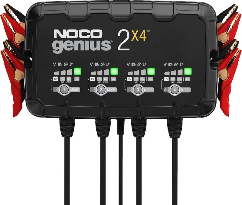 Photo 1 of NOCO GENIUS2X4, 4-Bank, 8A (2A/Bank) Smart Car Battery Charger, 6V/12V Automotive Charger, Battery Maintainer, Trickle Charger, Float Charger and Desulfator for Motorcycle, ATV and Lithium Batteries
