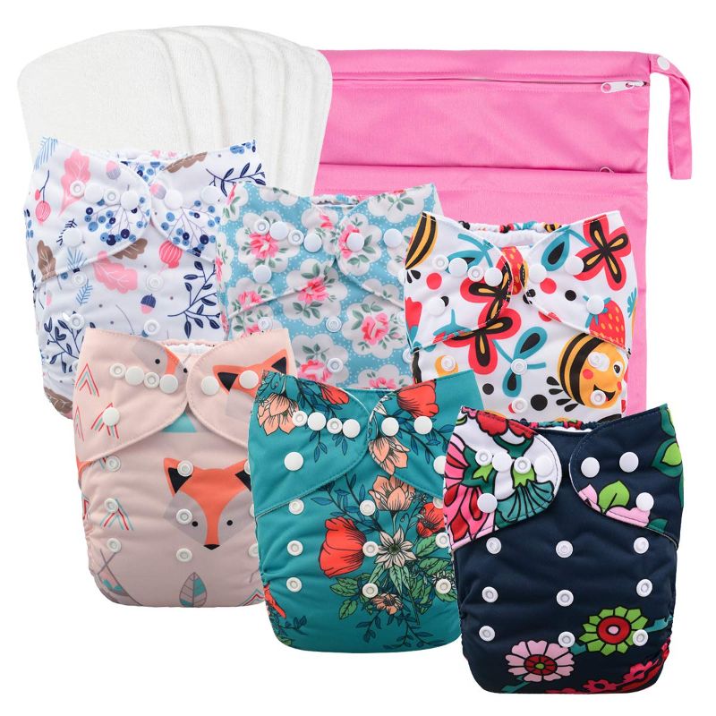 Photo 1 of babygoal Reusable Cloth Diapers for Girls, Adjustable Washable Nappy 6pcs+ 6pcs Microfiber Inserts+One Wet Bag 6YDG08
