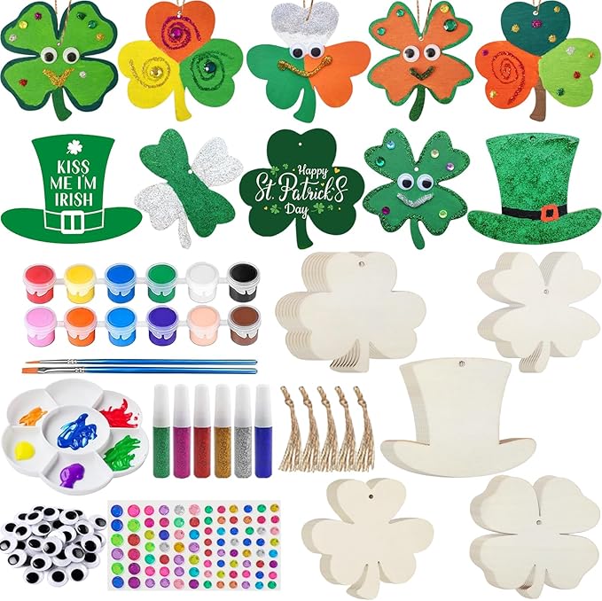 Photo 1 of Collabell St. Patrick's Day Wooden Shamrock Painting Craft Kit, Unfinished Wood Shamrock Four-Leaf Clover Hat Ornaments for Kids Adults to Paint, DIY Crafts Hanging Decorations