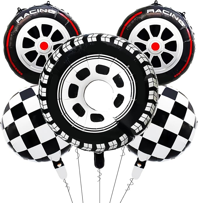 Photo 1 of 5 Pieces Race Car Foil Balloons Decorations Set, Includes Wheels Tire and Checkered Flag Designs Mylar Balloons for Racing Birthday Party Supplies, Kids Adults Driving Motor Sports Theme Party Décor