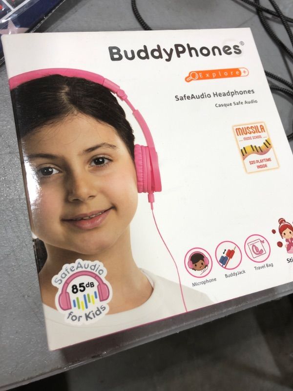 Photo 2 of BuddyPhones Explore+, Volume-Limiting Kids Headphones, Built-in Audio Sharing Cable with in-Line Mic, for Kindle, iPad, iPhone, or Android, Rose Pink