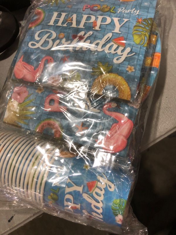 Photo 1 of 142 Pieces Pool Birthday Party Supplies - Summer Pool Tableware Set Birthday Dining Plate, Tablecloth for Summer Pool Birthday Party, Hawaii Holiday Decorations