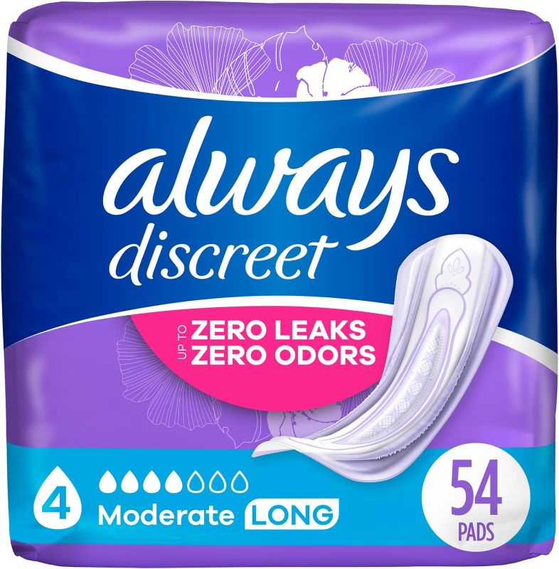 Photo 1 of Always Discreet Adult Incontinence Pads for Women, Moderate Absorbency, Long Length, Postpartum Pads, 162 CT Long (Size 4) 54