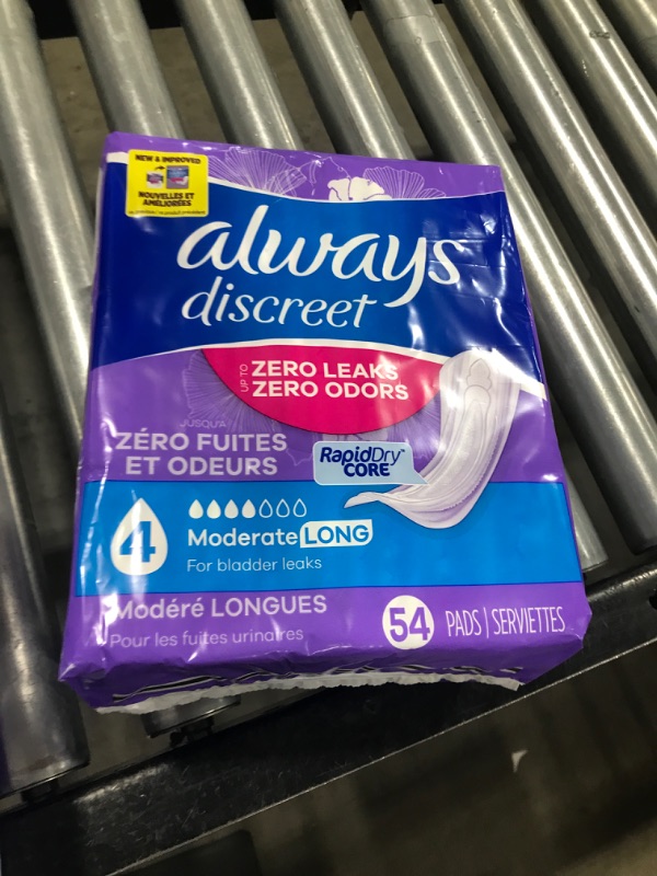 Photo 2 of Always Discreet Adult Incontinence Pads for Women, Moderate Absorbency, Long Length, Postpartum Pads, 162 CT Long (Size 4) 54