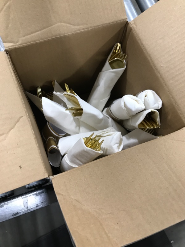 Photo 1 of Supernal Set, Pre Rolled Napkin with Gold Plastic Silverware, Disposable Gold Silverware with Linen Napkin, Heavy Weight, Wrapped Plastic Silverware Suit for Wedding, Catering Event, Party
