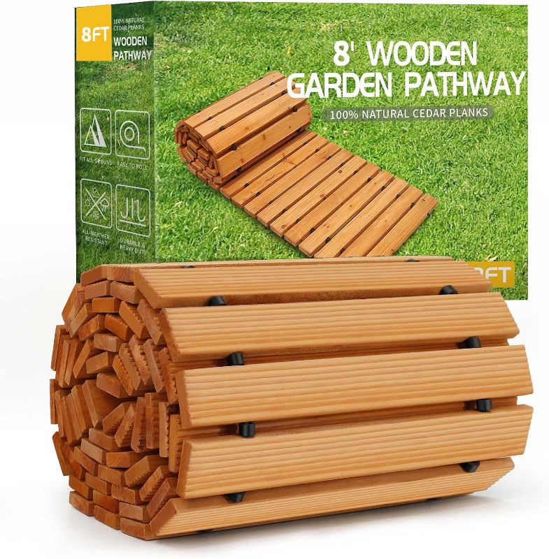 Photo 1 of Reliancer 8' Wooden Garden Pathway Weather-resistant Straight Walkway Roll Out Cedar Outdoor Patio Path Rustic Decorative Garden Boardwalk Walkways Roll Up Beach Wood Road Floor Wedding Party Pathways