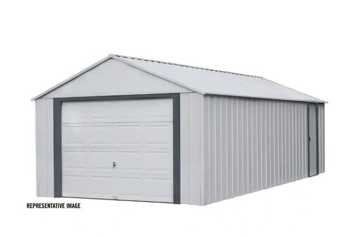 Photo 1 of 7 boxes - 14 ft. W x 21 ft. D 2-Tone Gray Steel Garage and Storage Building with Side Door and High-Gable Roof -Item has scratches and dents due to damaged packaging- 