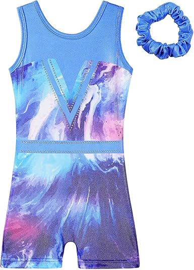 Photo 1 of BAOHULU Gymnastics Leotards for Girls with Shorts Tank Biketards Sparkle Painted Athletic Clothes B312_PurpleBlue_160