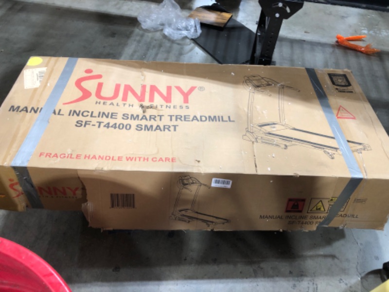 Photo 1 of Sunny Health & Fitness Adjustable Incline Foldable Smart Treadmill with Digital Monitor, Shock Absorption, Pulse Sensors, Handrail Controls, SunnyFit App Enhanced Bluetooth Connection - SF-T4400SMART