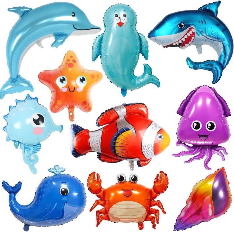 Photo 1 of 10 Pieces Sea Animals Balloons Ocean Foil Balloons Large Fish Balloons Cartoon Sea Creature Balloons for Boys Girls Under The Sea Themed Birthday Party Baby Shower Decorations, 10 Styles