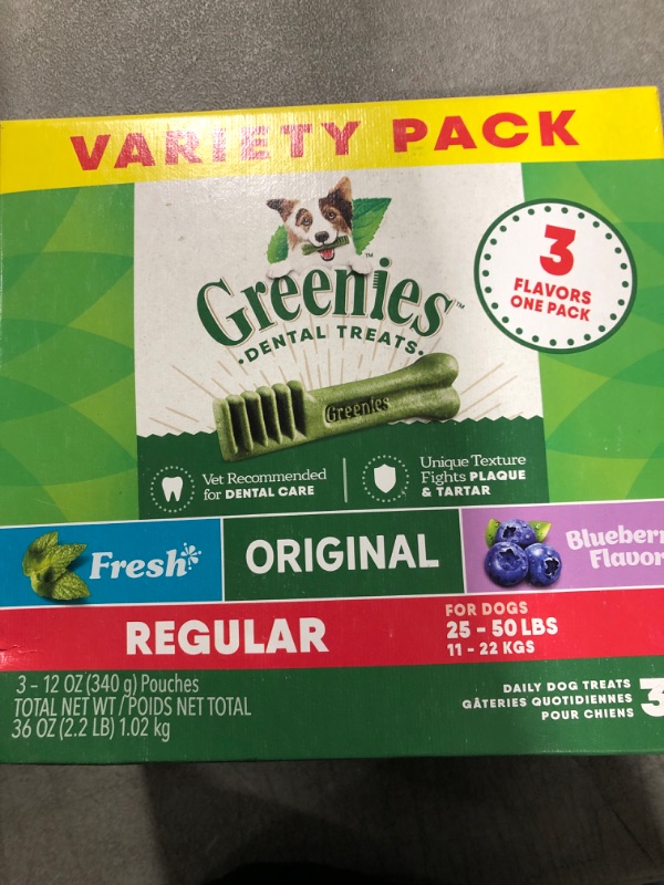 Photo 2 of Greenies Regular Size Natural Dog Dental Chews 3-Flavor Variety Pack, (3) 12 oz. Pouches