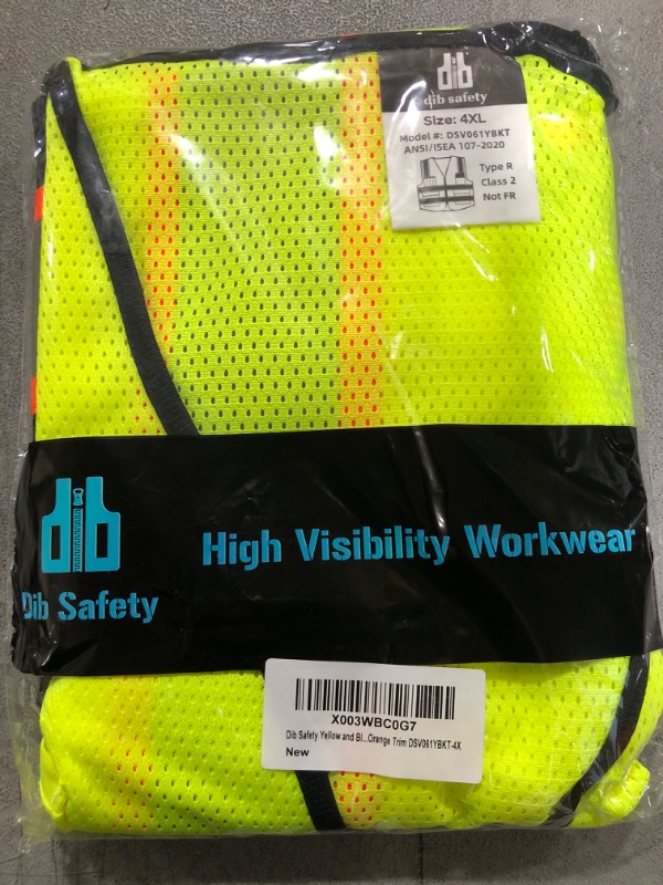 Photo 2 of Dib Safety Reflective Mesh Vest High Visibility Two Tone with Pockets and Zipper, Yellow and Black Mesh with Orange Trim 4XL