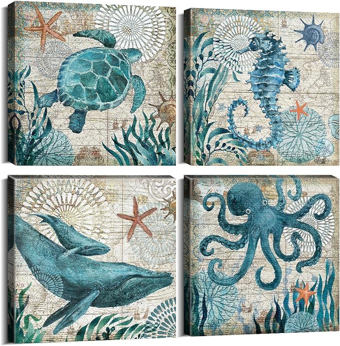 Photo 1 of Bathroom Wall Art Beach Decor Ocean Sea Turtle Octopus Canvas Pictures Coastal Room Decor Teal Bathroom Accessories Vintage Whale Seahorse Poster Modern Nautical Painting Bedroom Home Decorations