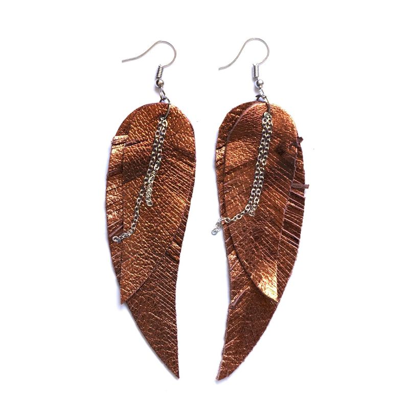 Photo 1 of Brown metallic Leather Feather Earrings, layered earrings, tribal Earrings, Boho earrings, dangle earrings, long earrings
