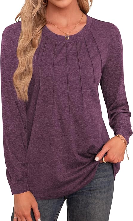 Photo 1 of Agnes Urban Long Sleeve Shirts for Women Fall Tops Dressy Casual Blouses Crew Neck Pleated Loose Trendy Tunic Tops large 