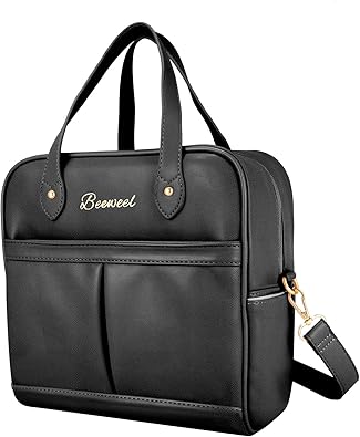 Photo 1 of BEEWEEL PU Leather Lunch Bag for Women and Men, Adjustable Shoulder Strap, Large Capacity, Insulated Lunch Bags for Work, Picnic, Camping - Black