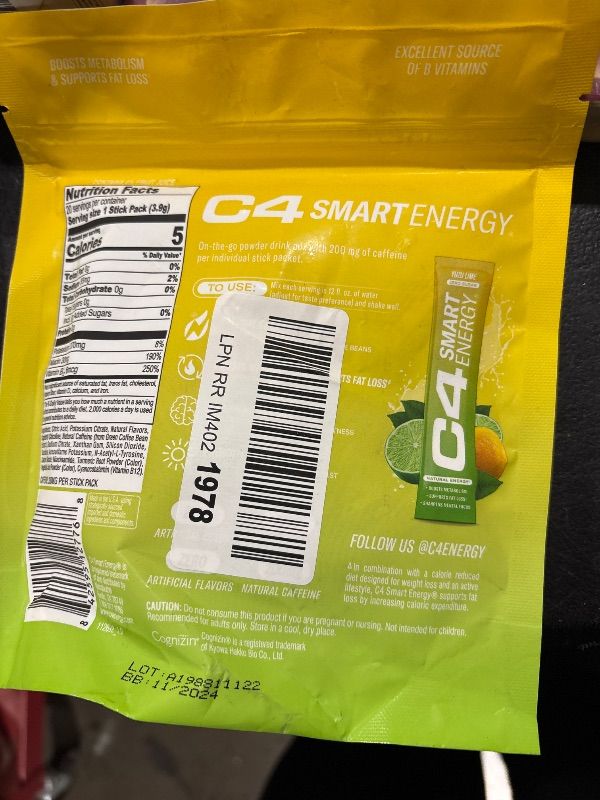 Photo 2 of Cellucor C4 Smart Energy Powder Stick Packs - Sugar Free Performance Fuel & Nootropic Brain Booster, Coffee Substitute or Alternative | Yuzu Lime - 20 Count